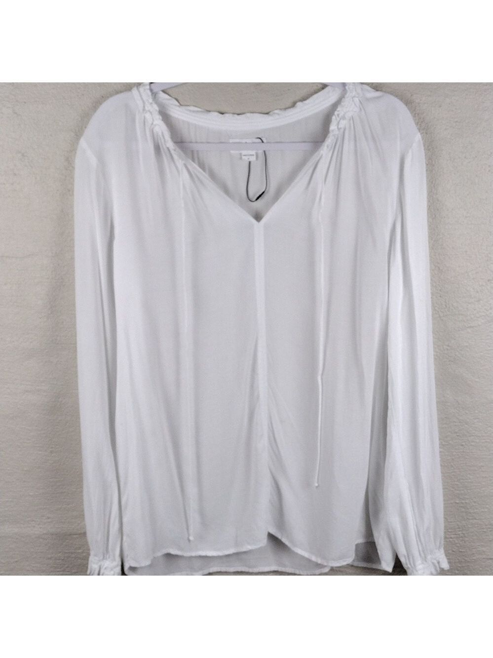 Velvet By Graham & Spencer White Ruffle Tie V-Neck Long Sleeve Sheer Peasant Top - Picture 4 of 14